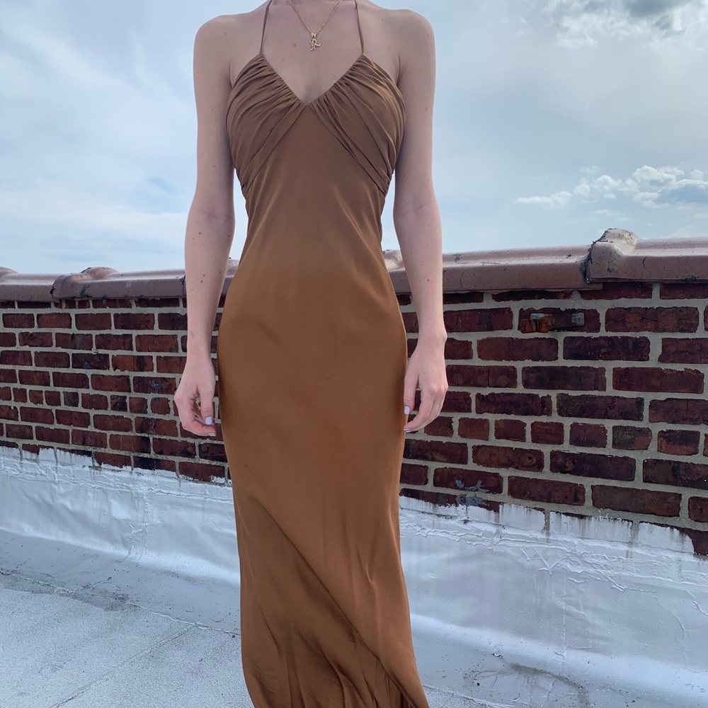 ronny kobo bronze silk maxi dress